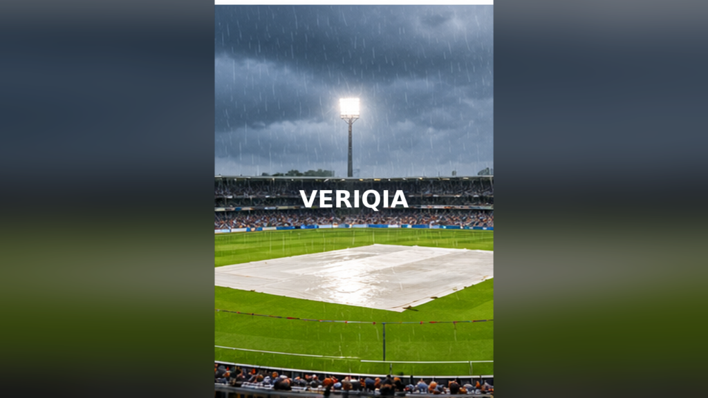 Cricket stadium under heavy rain with the playing field covered