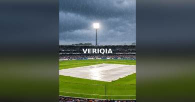 Cricket stadium under heavy rain with the playing field covered