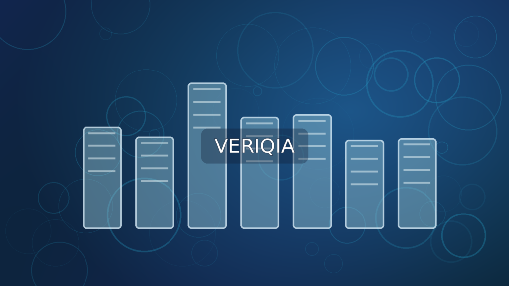 Modern office tower and glowing financial projection windows; original VERIQIA editorial illustration with centered watermark.