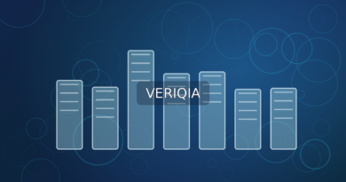 Modern office tower and glowing financial projection windows; original VERIQIA editorial illustration with centered watermark.