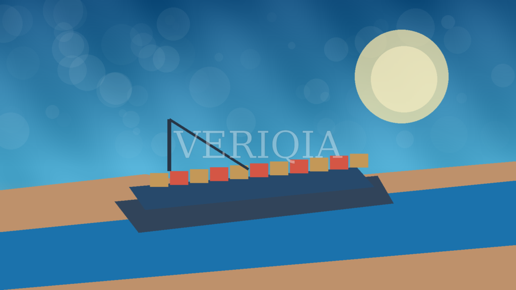 Original illustration of a container ship sailing through a canal with centered VERIQIA watermark