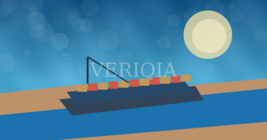 Original illustration of a container ship sailing through a canal with centered VERIQIA watermark