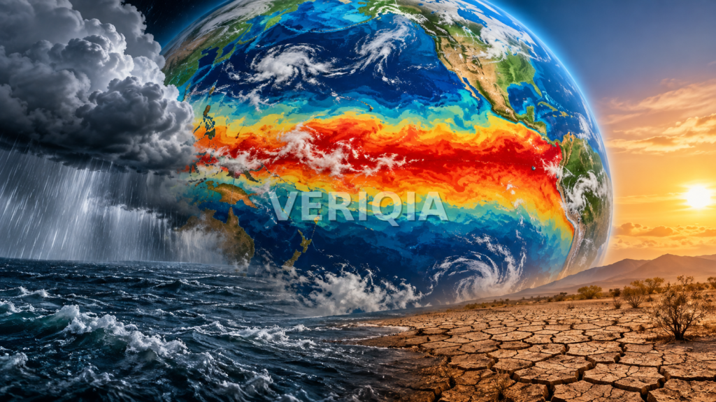 Pacific-facing Earth with a red-orange equatorial heat band between stormy ocean weather and cracked dry land, with a centered VERIQIA watermark.