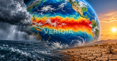 Pacific-facing Earth with a red-orange equatorial heat band between stormy ocean weather and cracked dry land, with a centered VERIQIA watermark.
