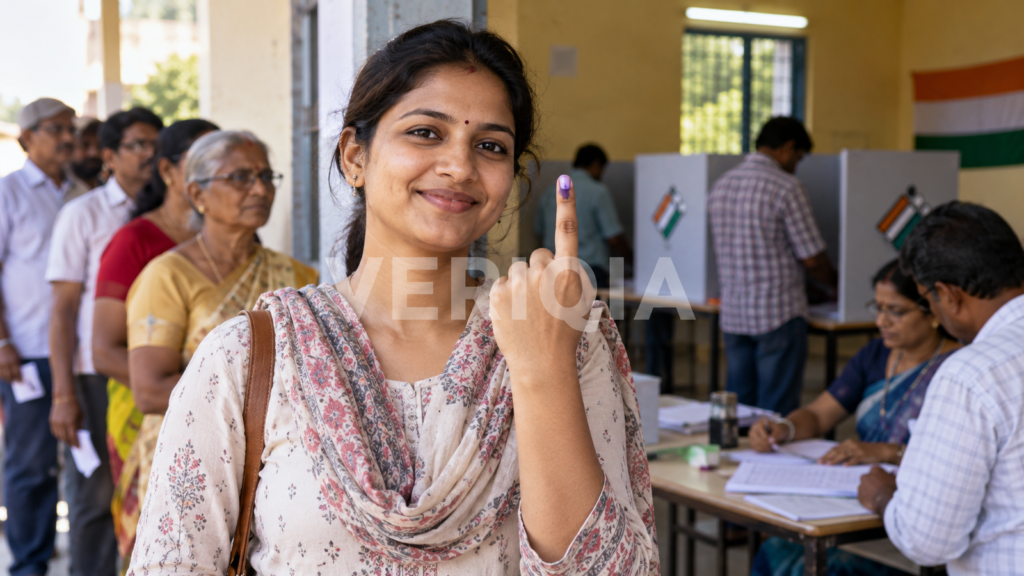 Indian voter holding up an ink-marked finger near polling booths