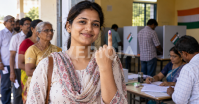 Indian voter holding up an ink-marked finger near polling booths