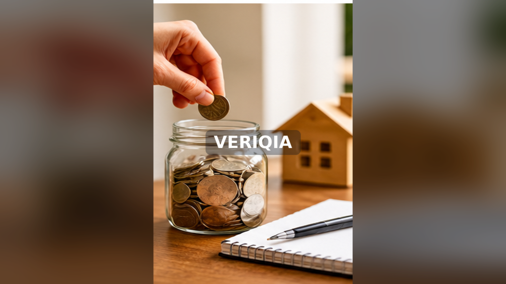 Hand placing a coin into a glass emergency savings jar beside a notebook