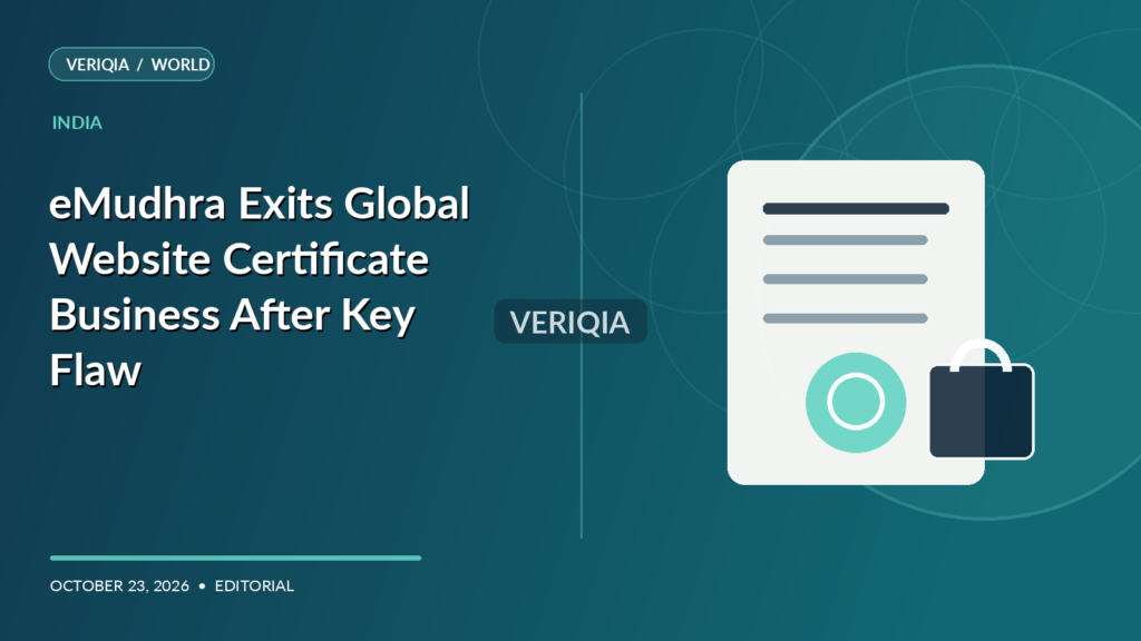 Original VERIQIA editorial illustration of browser security certificate, digital key and warning shield for the report eMudhra Exits Global Website Certificate Business After Key Flaw, with a subtle centered VERIQIA watermark.