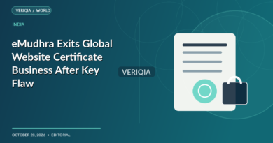 Original VERIQIA editorial illustration of browser security certificate, digital key and warning shield for the report eMudhra Exits Global Website Certificate Business After Key Flaw, with a subtle centered VERIQIA watermark.
