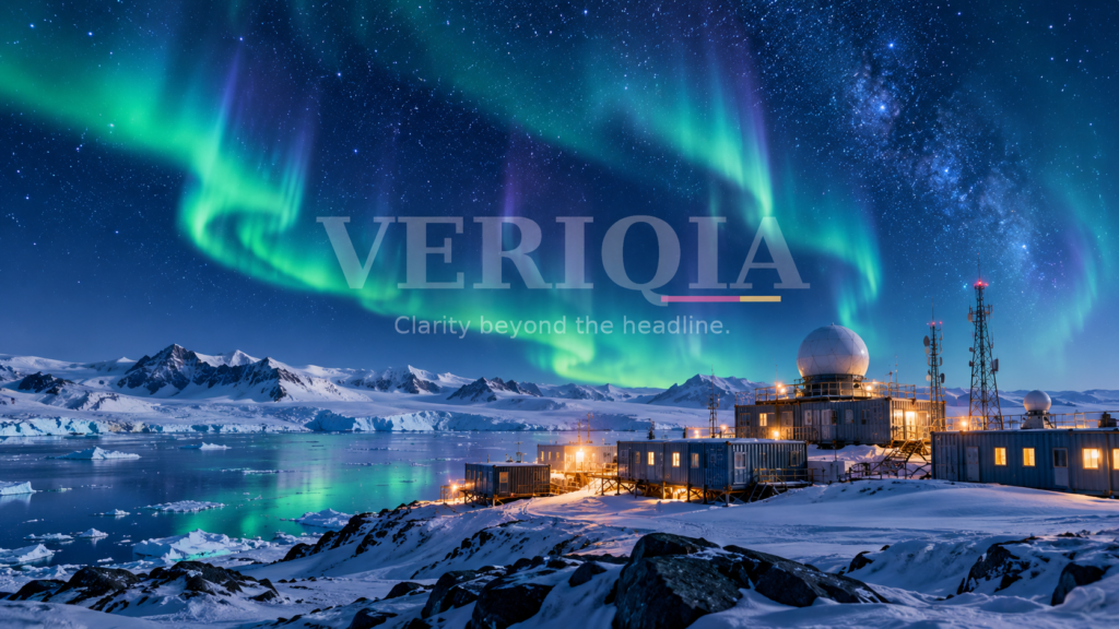 Illustration of an Antarctic research station beneath a starry sky