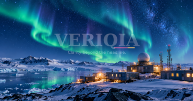 Illustration of an Antarctic research station beneath a starry sky