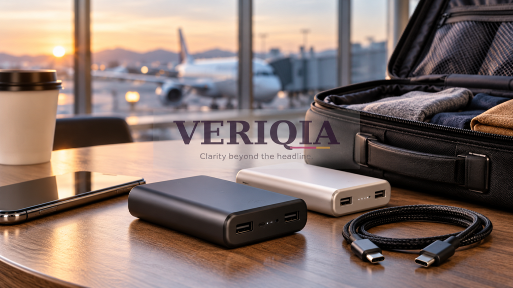 Two portable power banks beside an open cabin bag