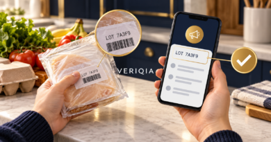 Food package lot code check illustration with centered VERIQIA watermark