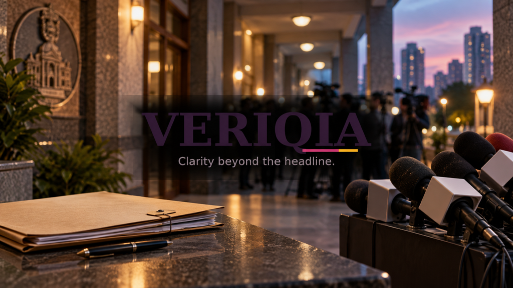 Neutral Thane civic setting and press microphones with centered VERIQIA watermark