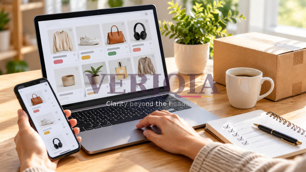 Online shopping comparison on a laptop and phone beside a parcel and checklist