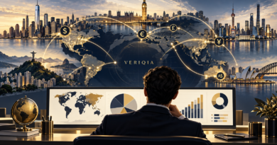 Global stock market and currency illustration with centered VERIQIA watermark