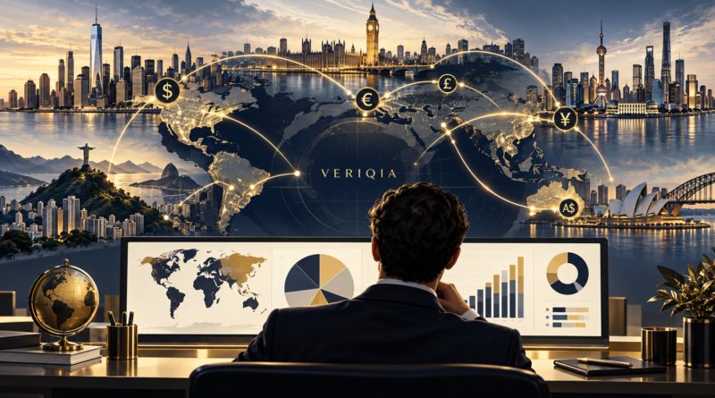 Global stock market and currency illustration with centered VERIQIA watermark