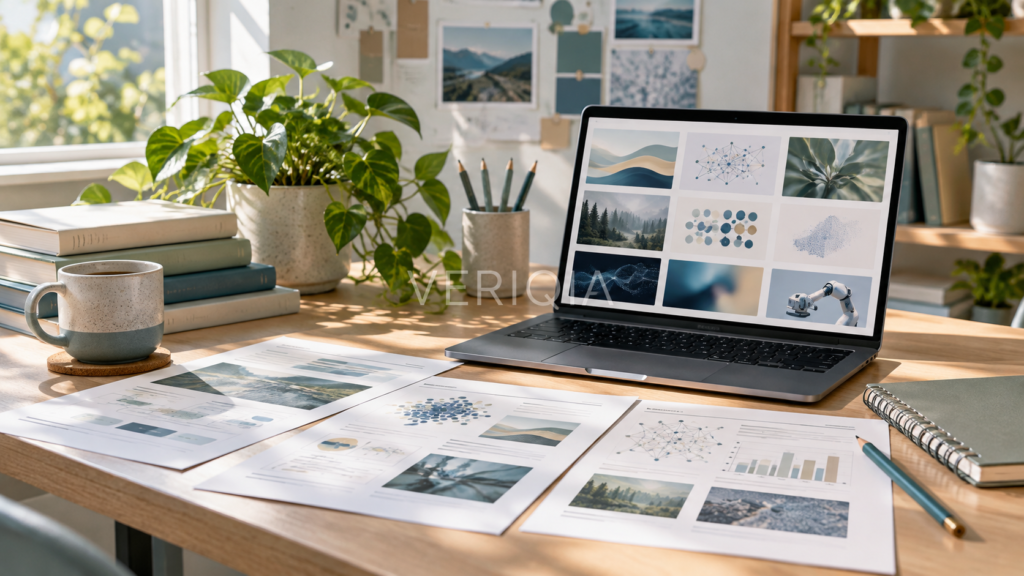 Laptop displaying a conceptual project gallery beside printed case-study pages and a notebook