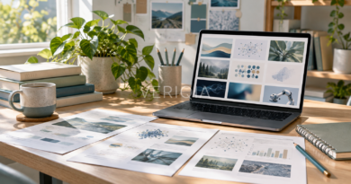 Laptop displaying a conceptual project gallery beside printed case-study pages and a notebook