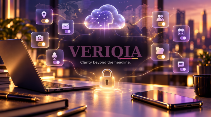 VERIQIA watermark over an illustration of an AI cloud computer, connected app permissions and a lock
