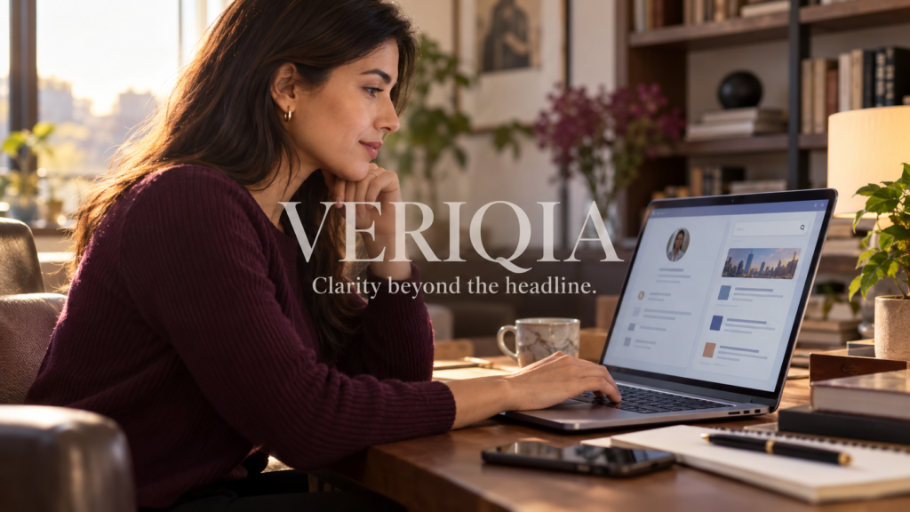 Finance professional reviewing a networking profile on a laptop