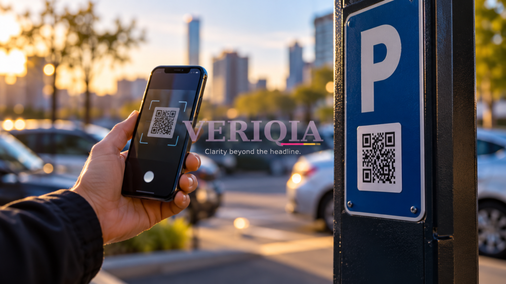 Illustration of a phone inspecting a QR code on a parking sign