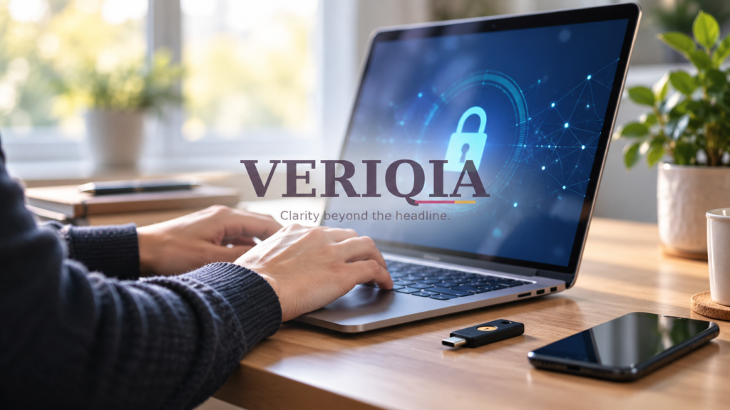 Laptop, spare phone and security key for account access