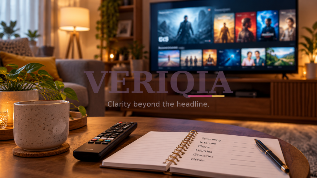 Television with entertainment thumbnails beside a remote and budget notebook