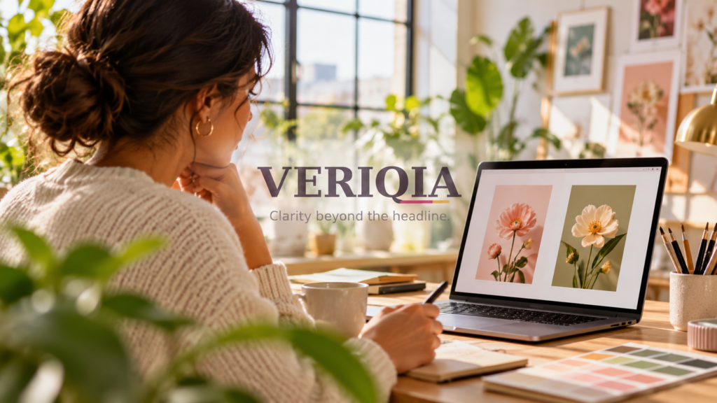 Person comparing edited flower images on a laptop with a centered VERIQIA watermark