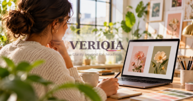 Person comparing edited flower images on a laptop with a centered VERIQIA watermark