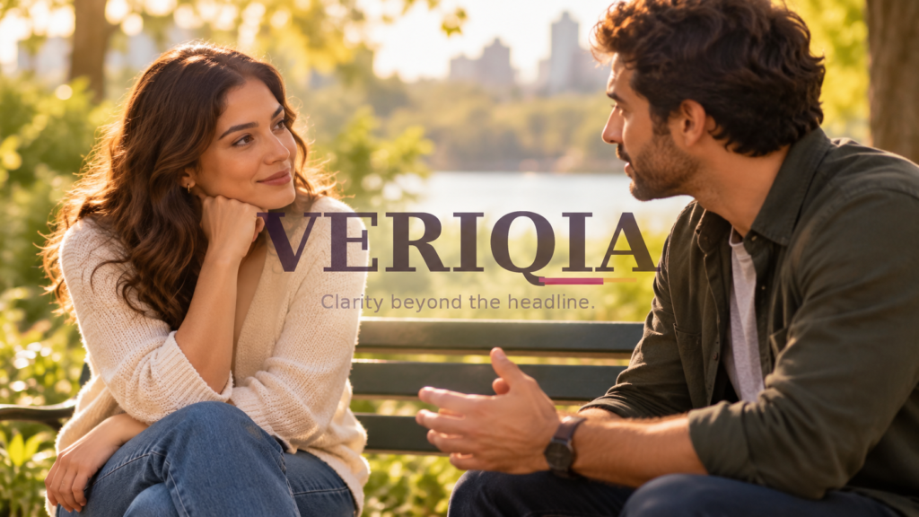 Two adults having a supportive conversation on a park bench