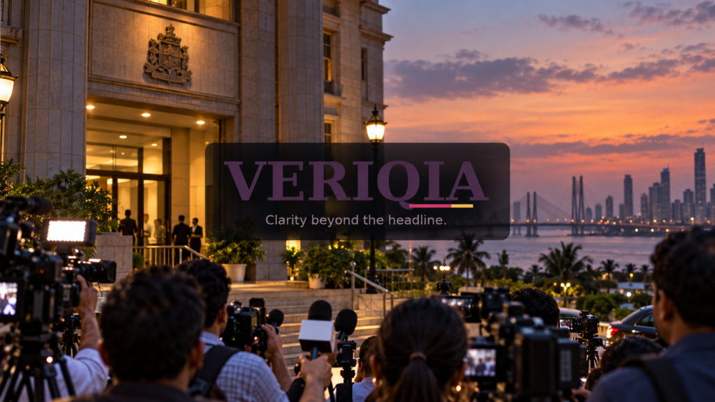 Illustration of news cameras outside a Mumbai civic building, with the VERIQIA logo centered