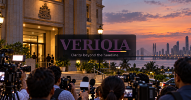 Illustration of news cameras outside a Mumbai civic building, with the VERIQIA logo centered