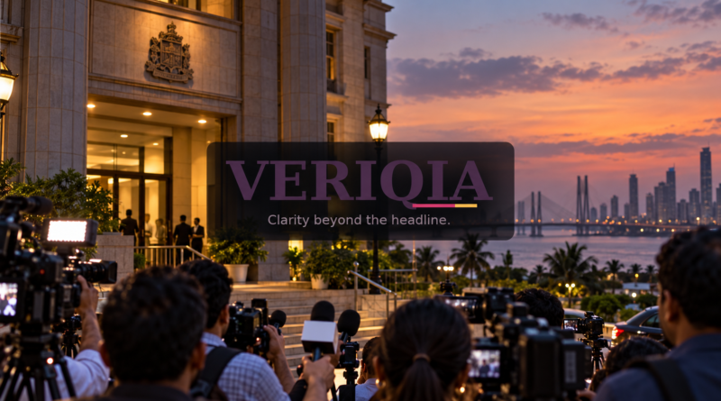 Illustration of news cameras outside a Mumbai civic building, with the VERIQIA logo centered