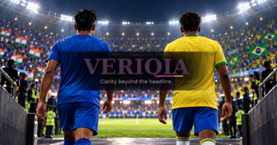 India and Brazil football players entering a floodlit stadium with VERIQIA watermark at center