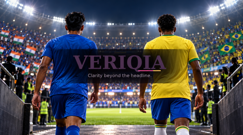 India and Brazil football players entering a floodlit stadium with VERIQIA watermark at center