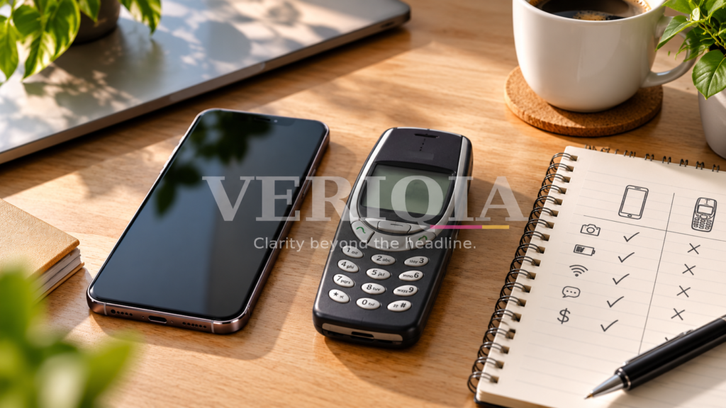 New smartphone and older phone on a desk beside a comparison notebook