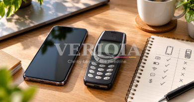 New smartphone and older phone on a desk beside a comparison notebook