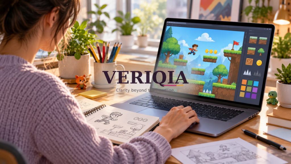 Illustration of a creator designing an original platform game on a laptop