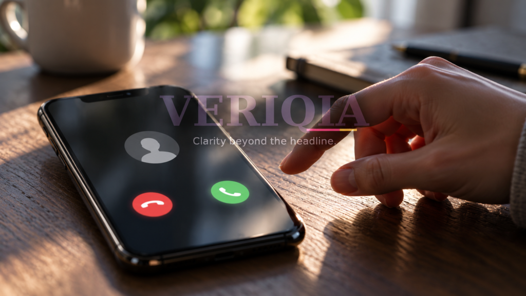 Hand pausing beside a smartphone with an incoming call