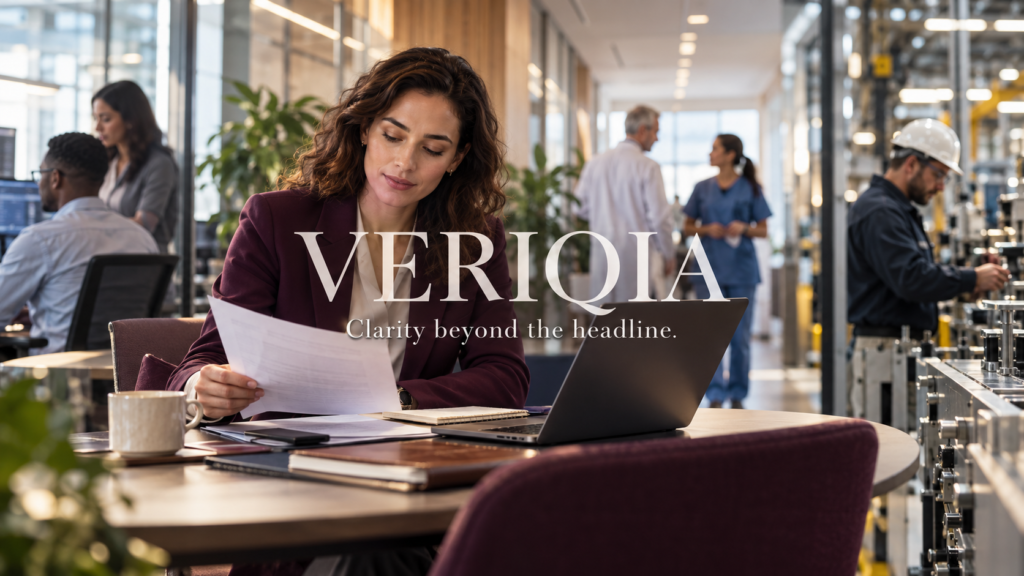Finance analyst with technology, healthcare and manufacturing workplaces in the background