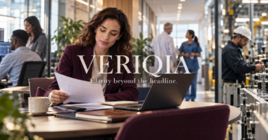 Finance analyst with technology, healthcare and manufacturing workplaces in the background