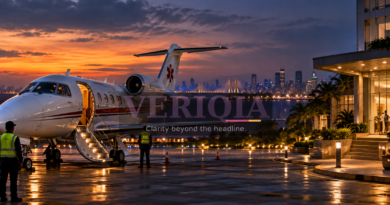 Illustration of a medical aircraft and Mumbai skyline at dusk, with centered VERIQIA watermark