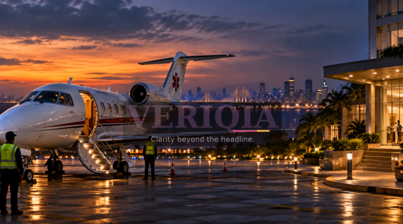 Illustration of a medical aircraft and Mumbai skyline at dusk, with centered VERIQIA watermark