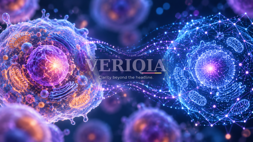 Illustration of biological cells and a digital cell model with a centered VERIQIA watermark