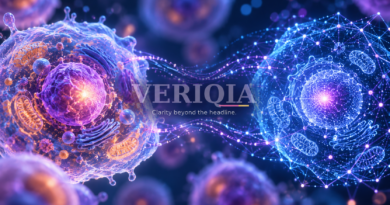 Illustration of biological cells and a digital cell model with a centered VERIQIA watermark