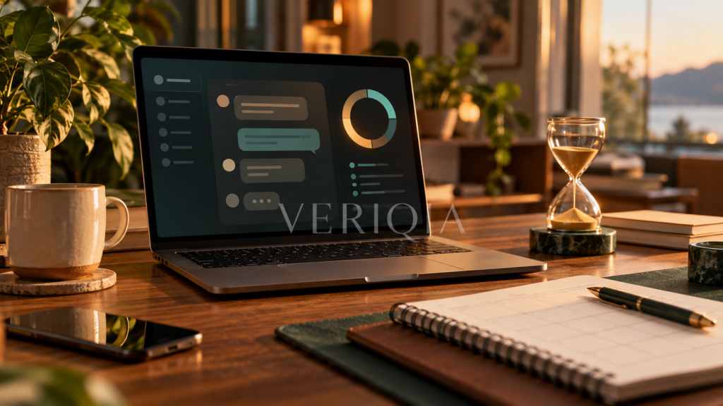 Laptop with an abstract chat interface and usage meter beside an hourglass