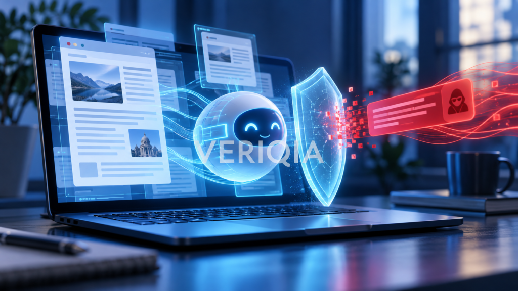 Conceptual illustration of an AI assistant shield blocking a malicious instruction from webpage content