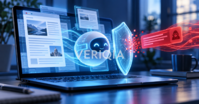 Conceptual illustration of an AI assistant shield blocking a malicious instruction from webpage content
