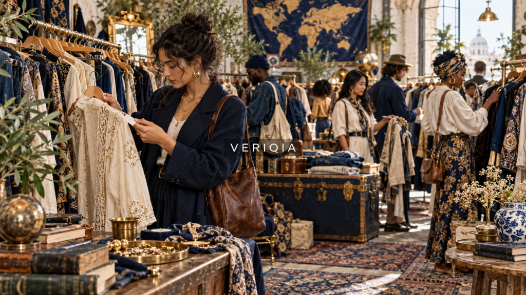 Secondhand clothing market illustration with centered VERIQIA watermark